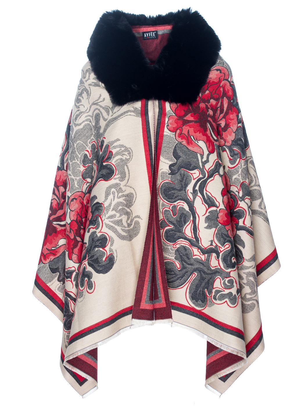 MANTELLA CON COLLO IN PELLICCIA FLOWER JACQUARD, TG UNICA